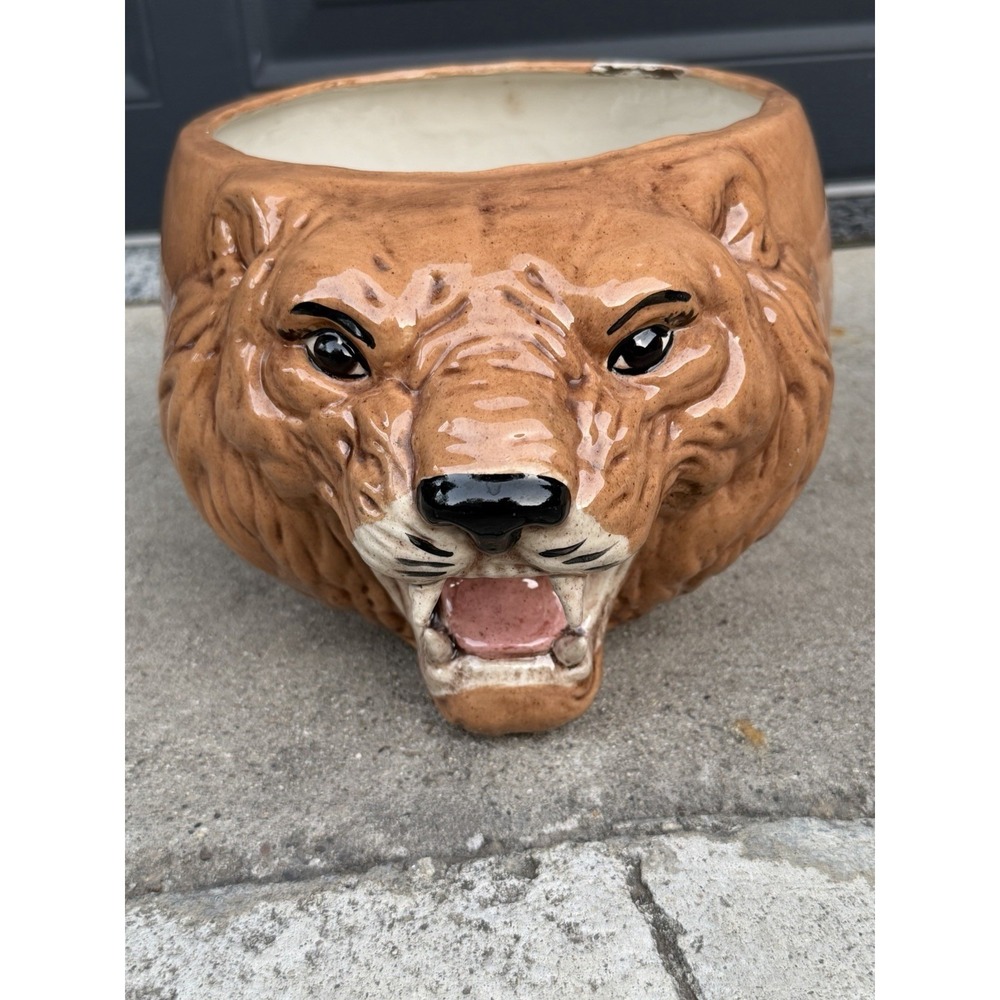 Vintage Ceramic Roaring Lion Head Planter Signed THM MCM Hollywood Regency